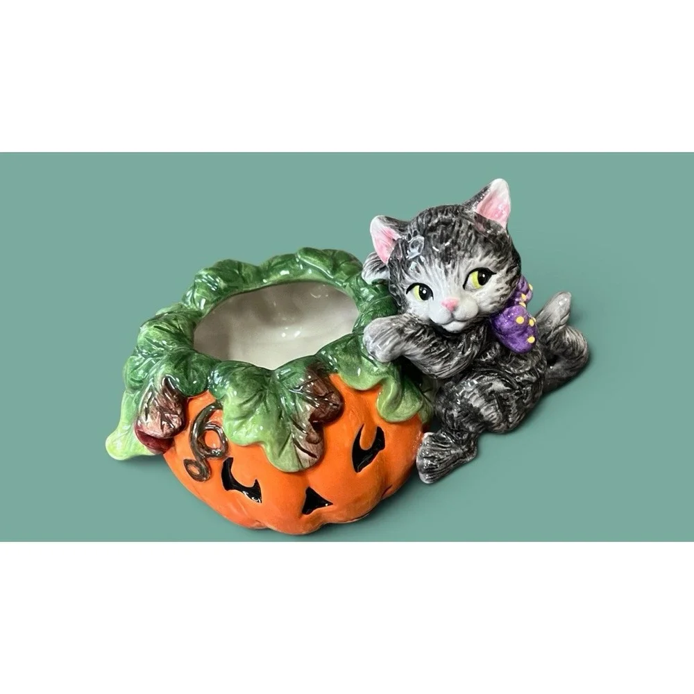 Fitz & Floyd Essentials Candy Bowl Halloween Pumpkin Black Cat Jack-O-Lantern